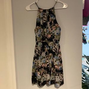 Francesca’s Blue Rain halter neck dress black with pink blue flowers Small